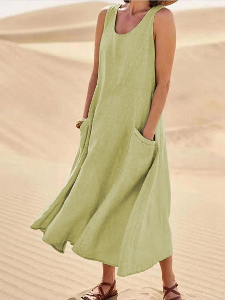 Women's Sleeveless Linen Midi Dress - Relaxed Fit - Breathable Lightweight Fabric - With Pockets