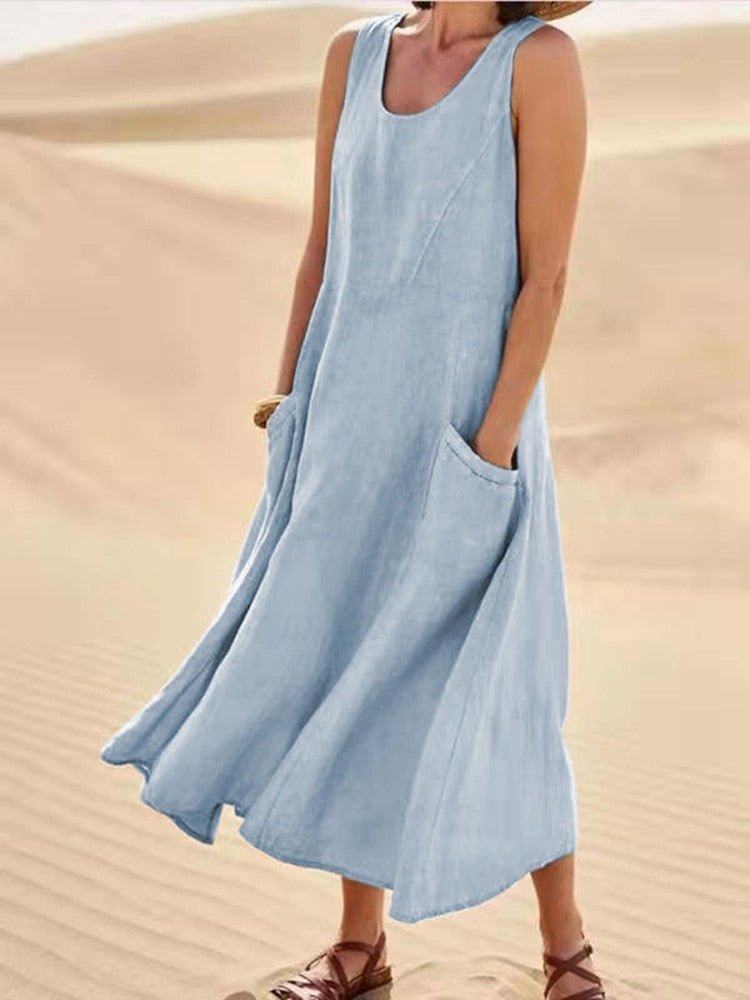 Women's Sleeveless Linen Midi Dress - Relaxed Fit - Breathable Lightweight Fabric - With Pockets