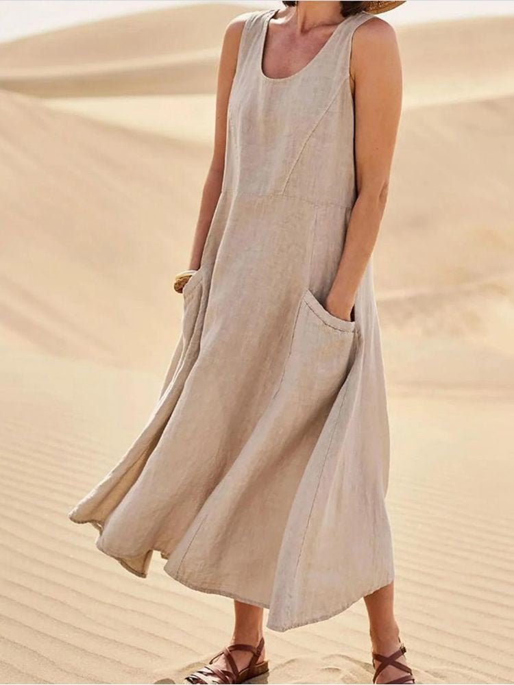 Breathable Linen Relaxed Fit Midi Dress