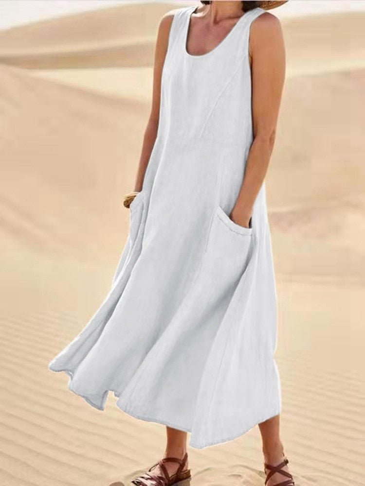 Women's Sleeveless Linen Midi Dress - Relaxed Fit - Breathable Lightweight Fabric - With Pockets