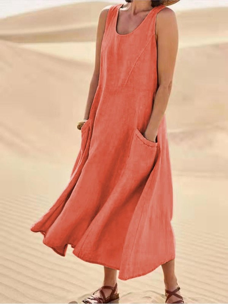 Breathable Linen Relaxed Fit Midi Dress