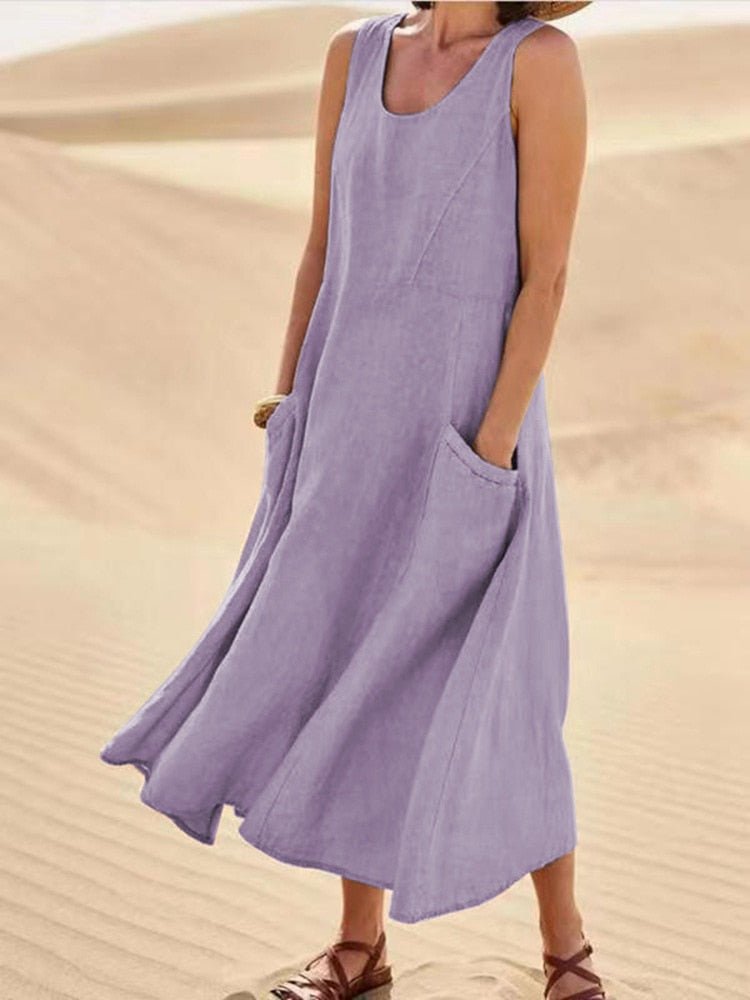 Women's Sleeveless Linen Midi Dress - Relaxed Fit - Breathable Lightweight Fabric - With Pockets