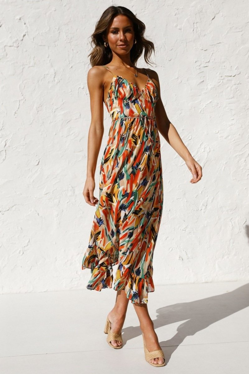 Women’s Midi Dress – Chiffon Fabric – Spaghetti Straps – V-Neck – Ruffled Hem