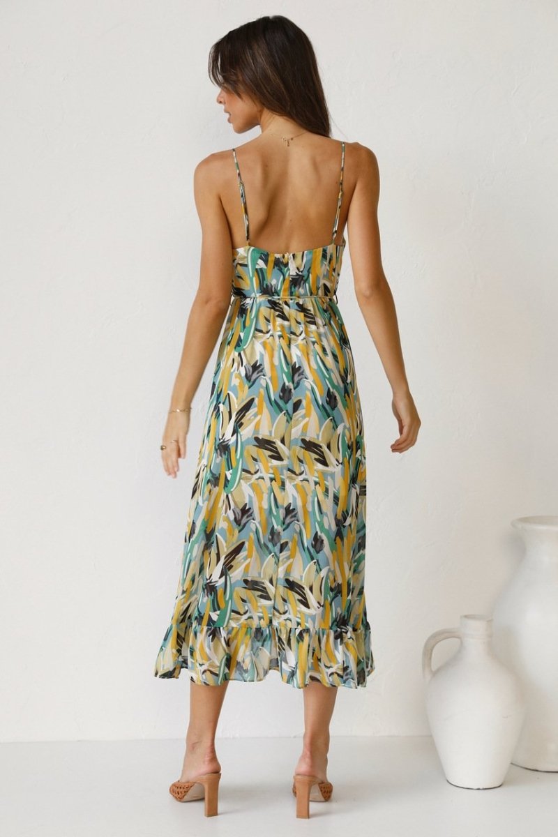 Women’s Midi Dress – Chiffon Fabric – Spaghetti Straps – V-Neck – Ruffled Hem