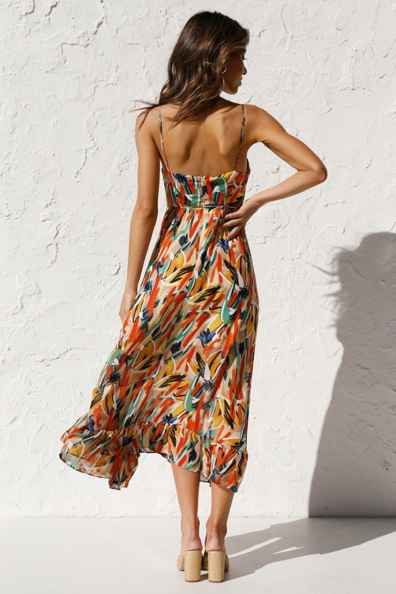 Chiffon Ruffled V-Neck Midi Dress