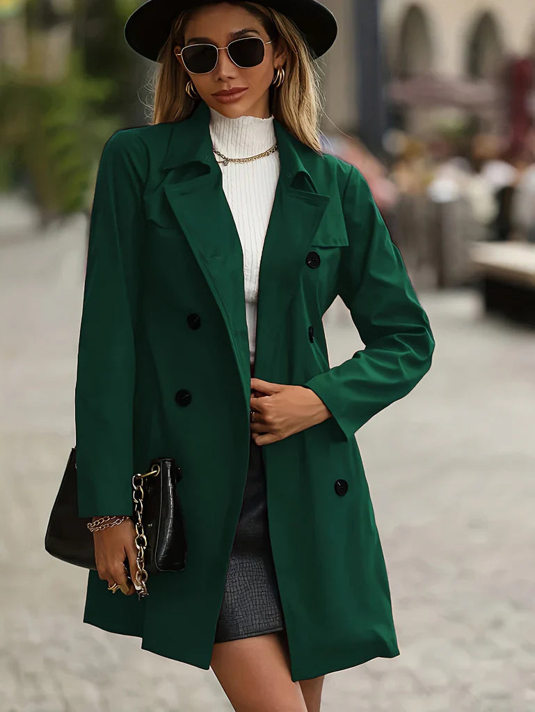 Women’s Trench Coat – Double-Breasted – Relaxed Fit – Notched Lapel – Mid-Thigh Length