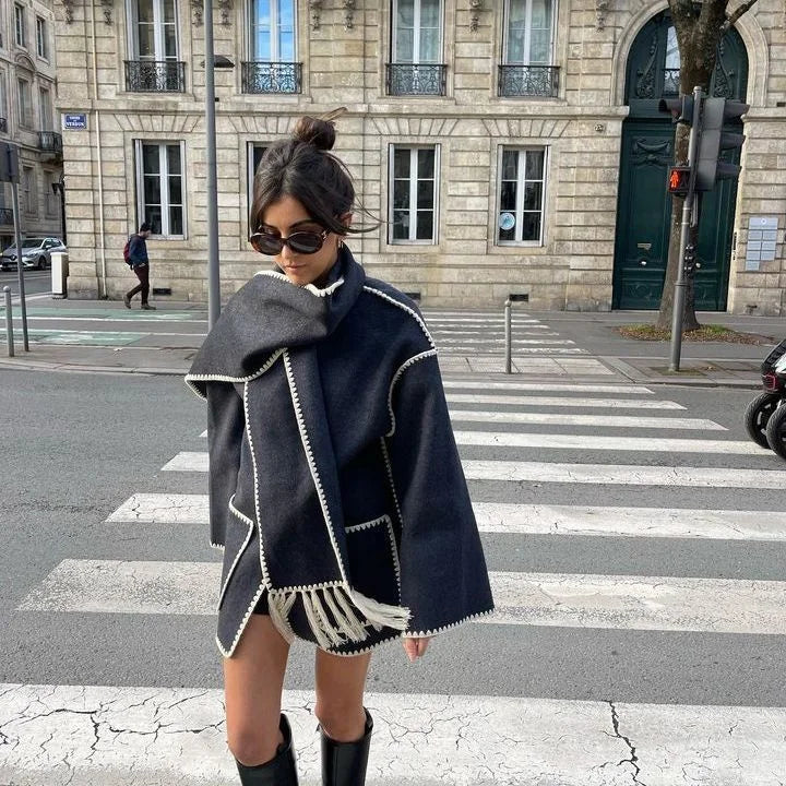 Women's coat with tassel scarf loose fit