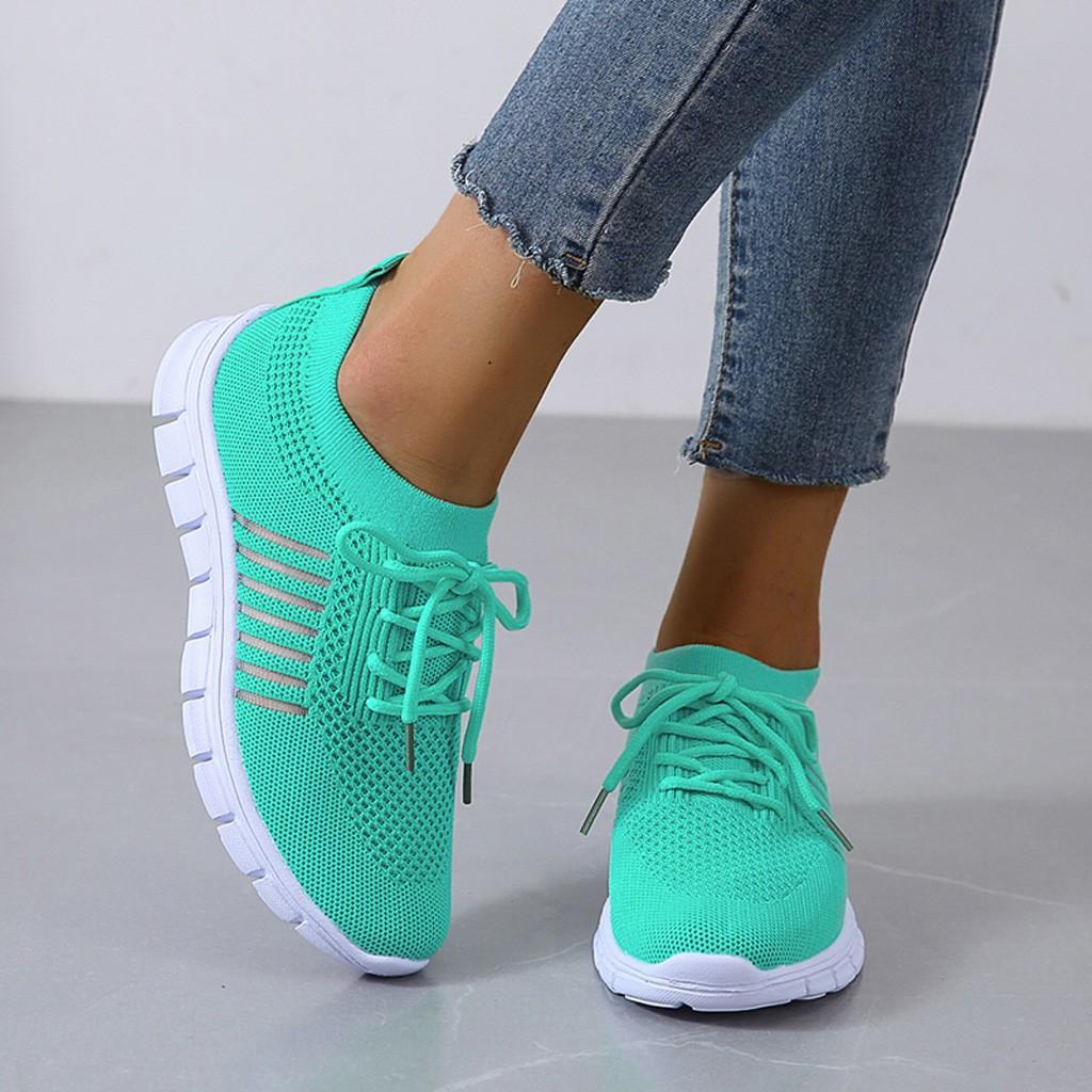 Women's Sneakers - Lightweight Breathable Knit - Slip-On Lace-Up - Cushioned Sole