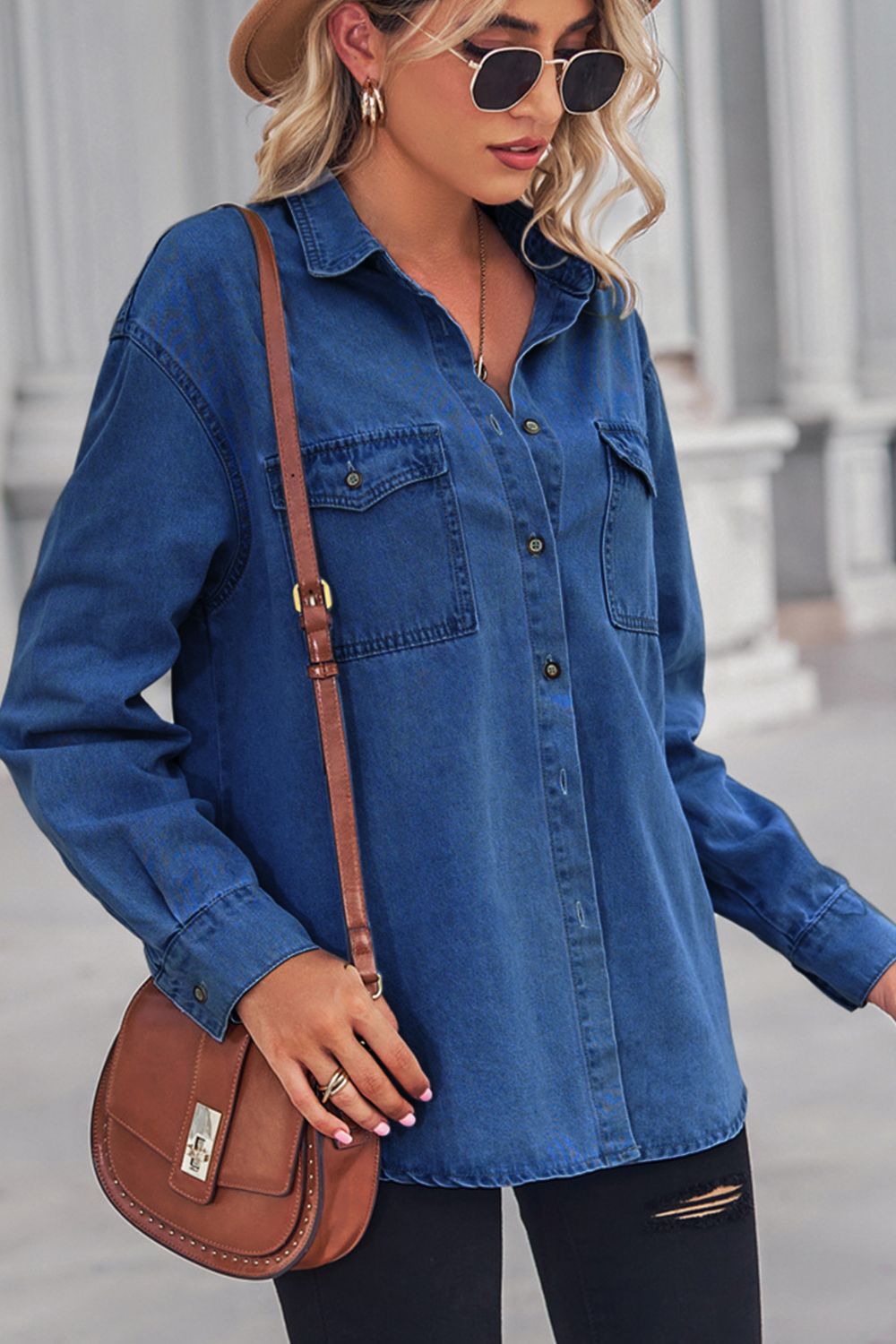 Women's Denim Shirt - Relaxed Fit - Button Down - Long Sleeve - Chest Pockets