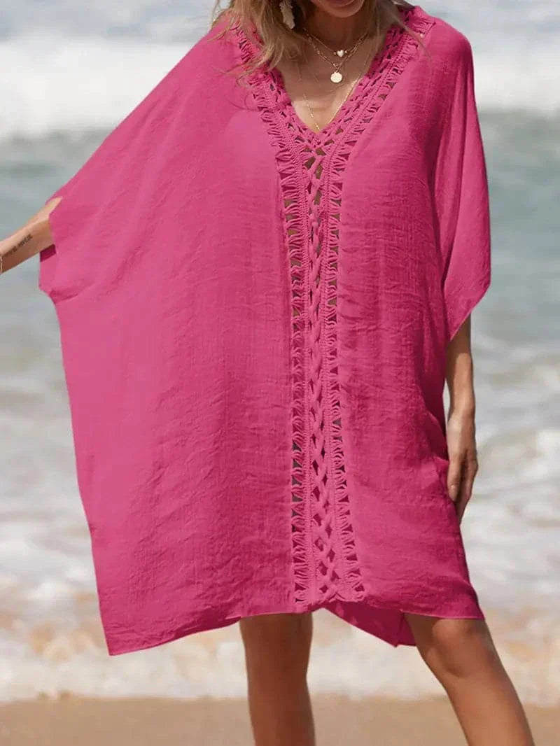 Women’s Kimono Cover-Up – Relaxed Fit – Natural Fibers – Lace Trim – Short Sleeve