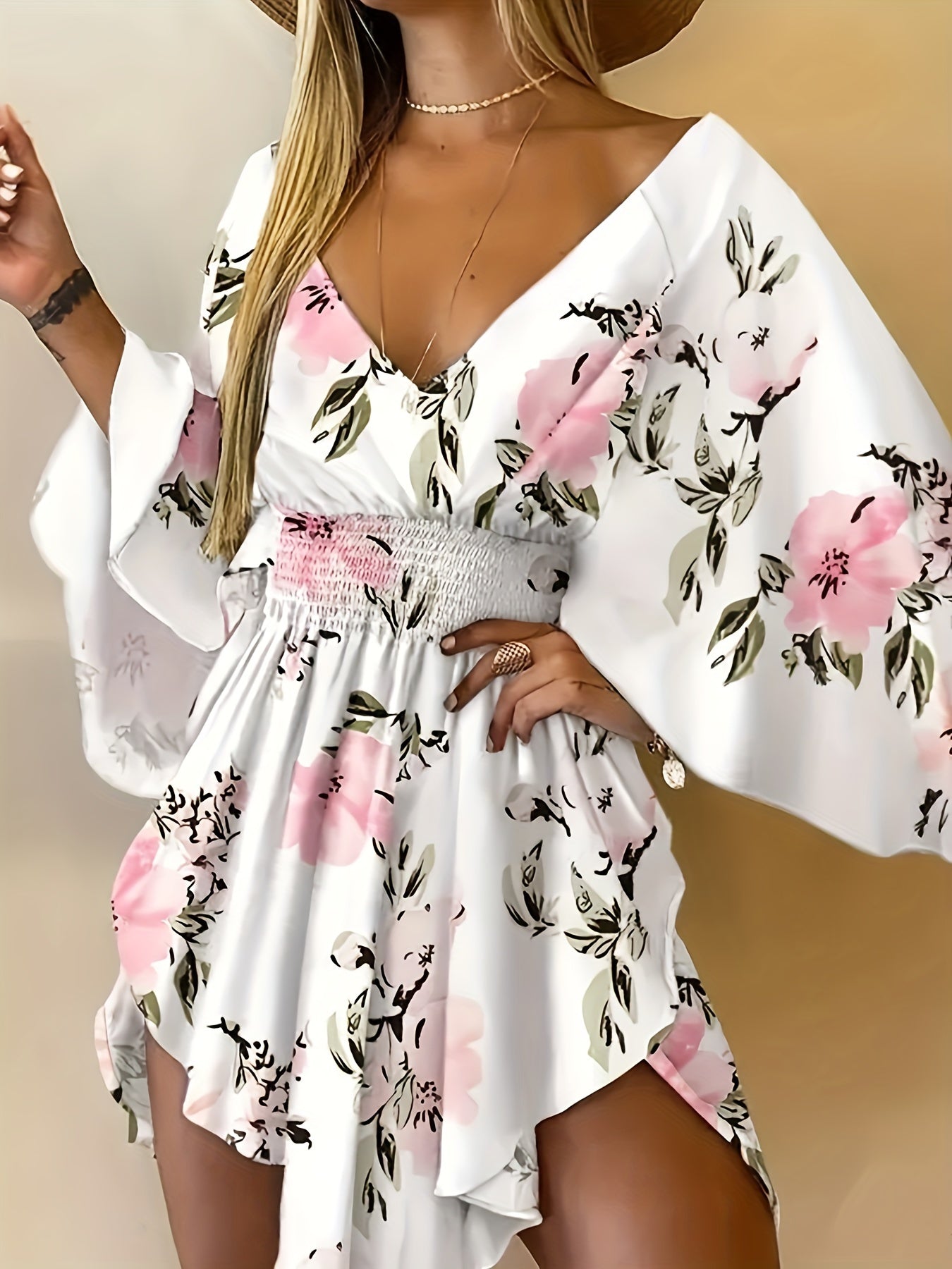 Women's Bohemian Dress - V-Neck - Bell Sleeves - Elastic Waist - Flowy Hem
