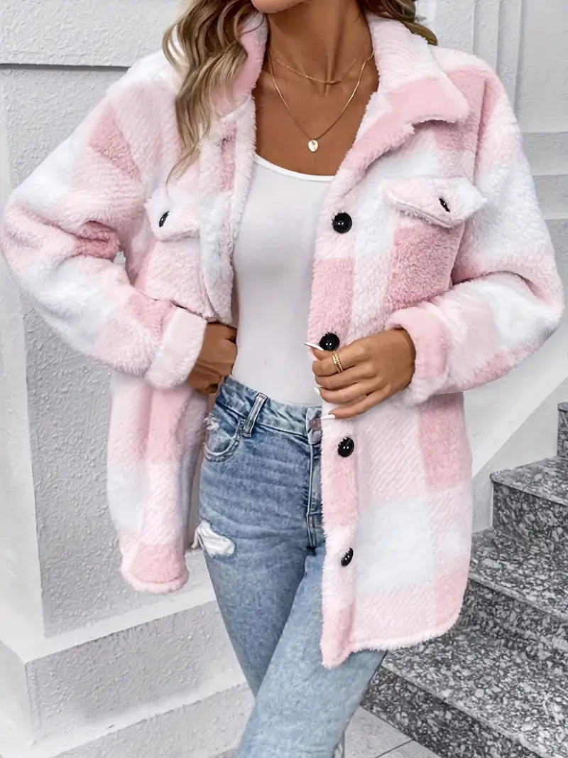 Women's plaid lapel long plush jacket coat