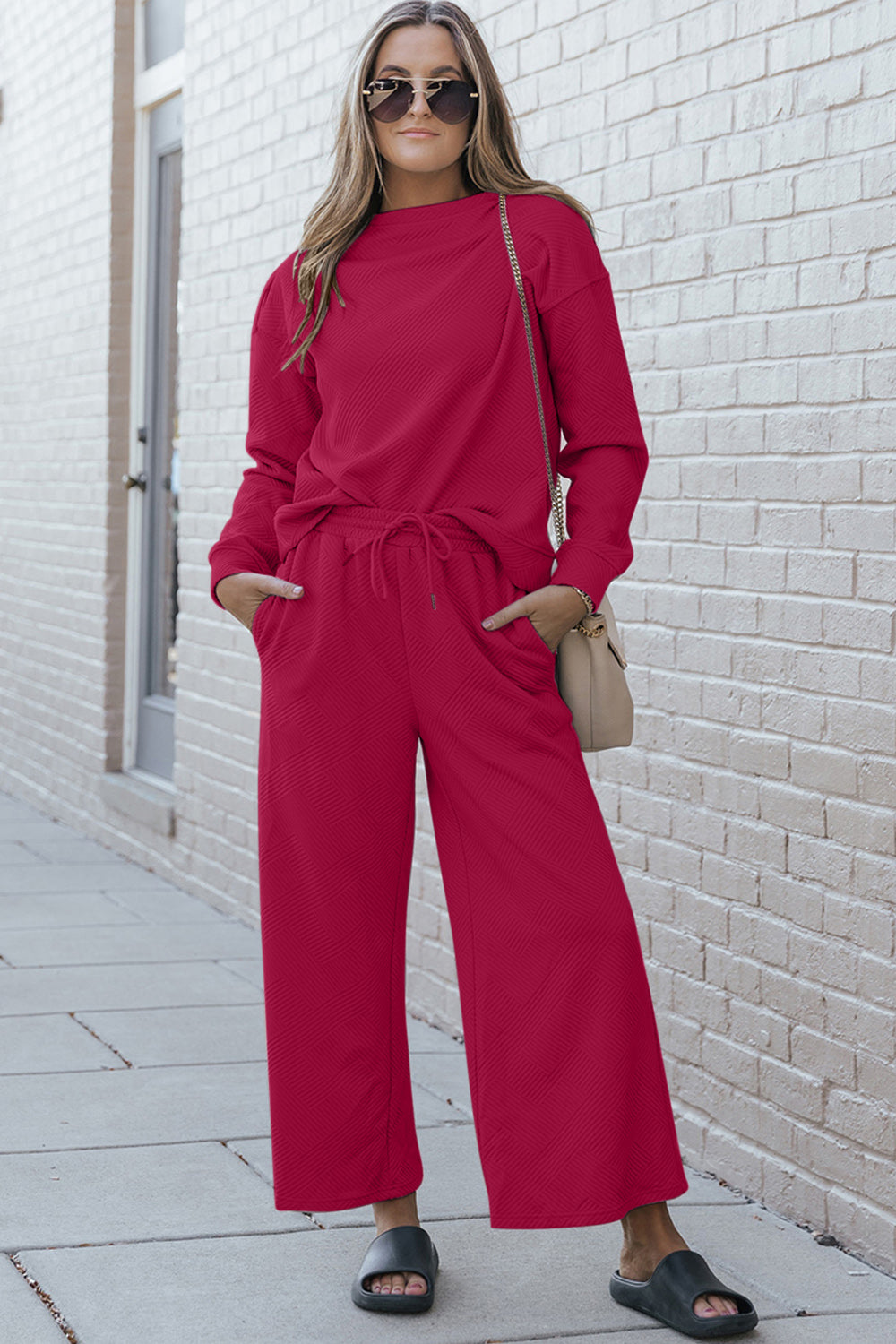 Women's textured long sleeve top and drawstring pants set