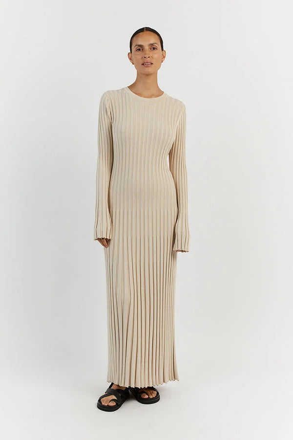 Women's Knit Dress - Ribbed Stretch Fabric - Long Sleeve - Elegant Full-Length Fit