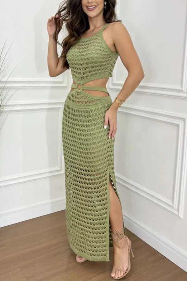Women's Maxi Dress - Crochet Knit - One-Shoulder Cut - Waist Cut-Out with Ring Detail