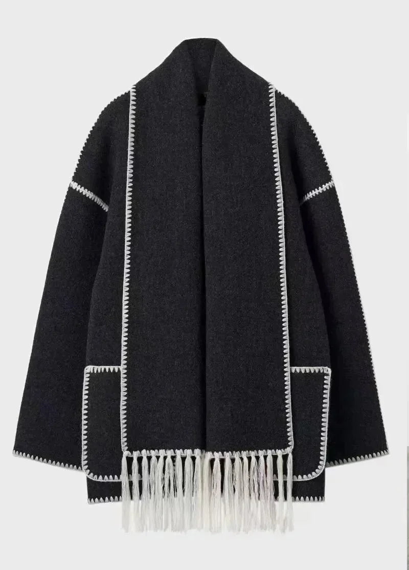 Women's coat with tassel scarf loose fit