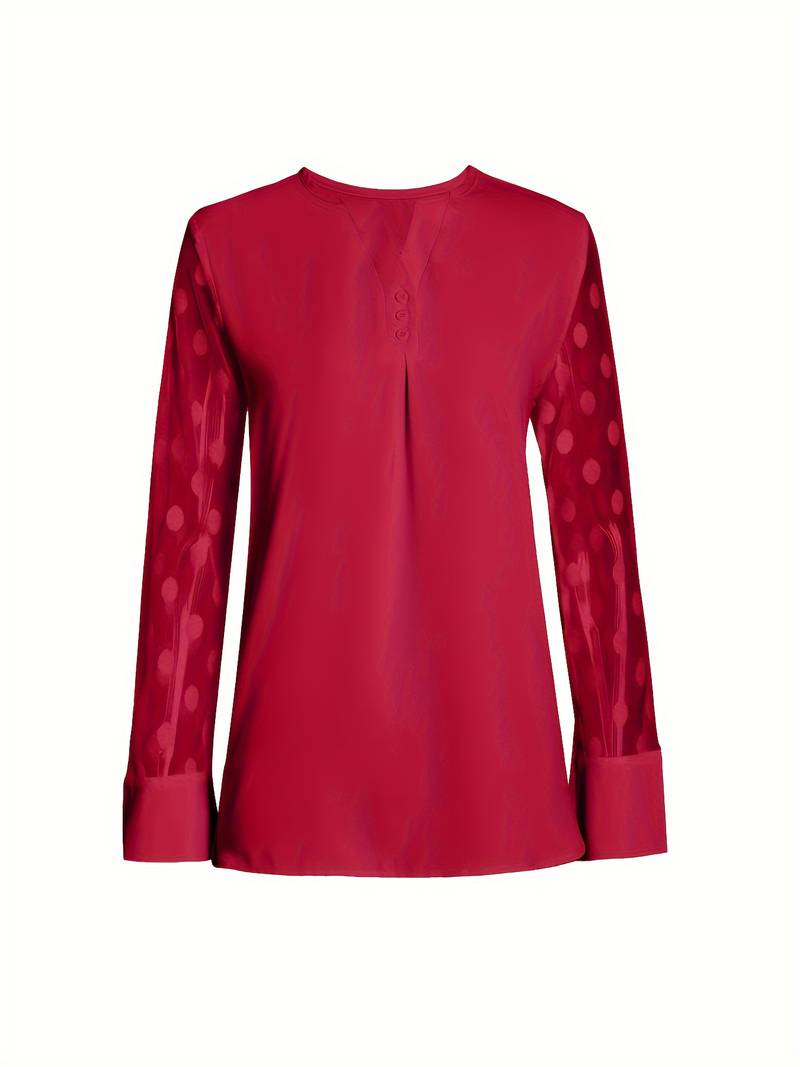 Women's Blouse - Sheer Polka Dot Sleeves - Round Neck - Relaxed Fit Stylish Wear
