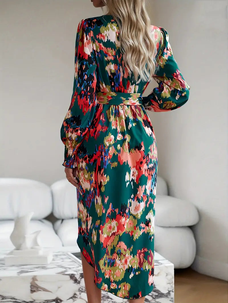 Women's Wrap Dress - V-Neck - Long Sleeve - Adjustable Tie Waist - Asymmetrical Hem