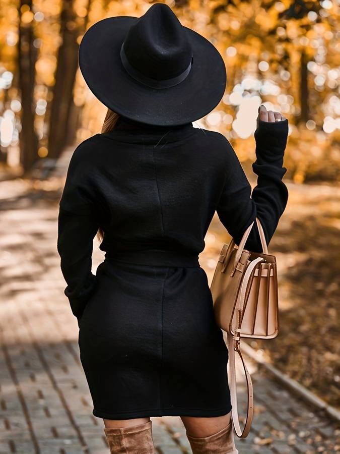 Women's Sweater Dress - Oversized Cowl Neck - Long Sleeve Belted Knit