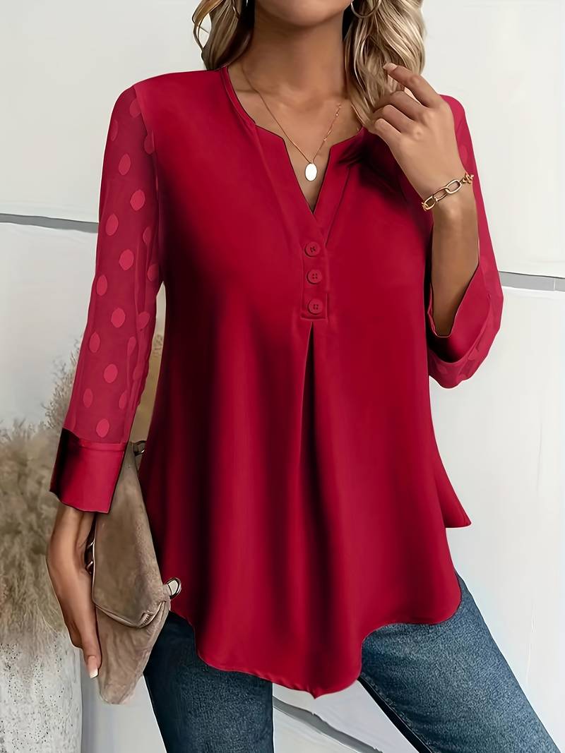 Women's Blouse - Sheer Polka Dot Sleeves - Round Neck - Relaxed Fit Stylish Wear