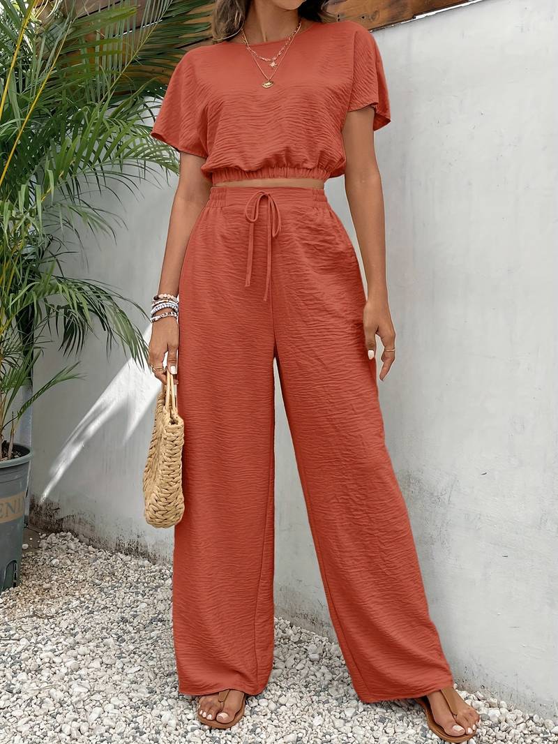 Two-piece wide-leg pants and crop top set for summer women