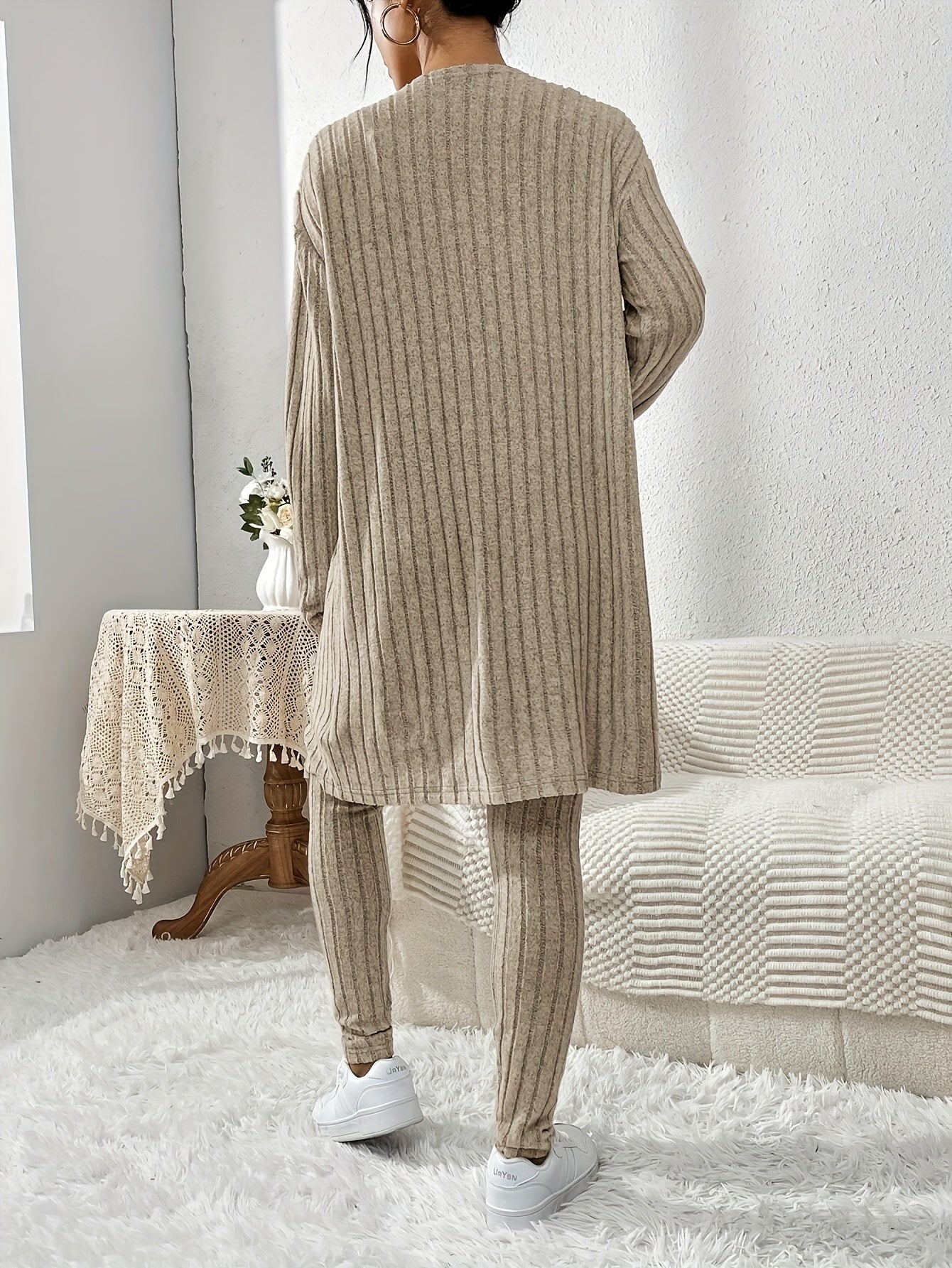 Three-piece ribbed tank top, cardigan, and pants lounge set for women
