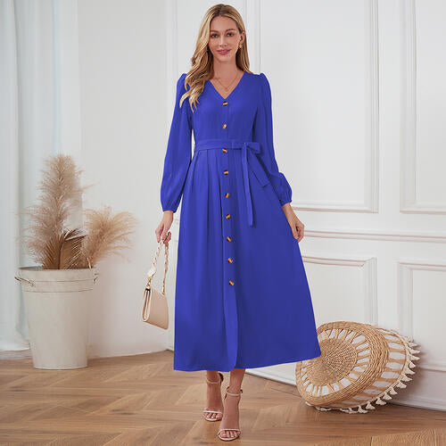 Women's Maxi Dress - V-Neck Button Front - Long Sleeve Tie Waist Flowy Fit