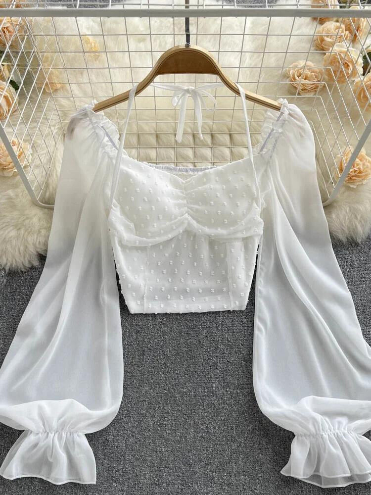 Sheer Sleeve Fitted Textured Crop Blouse