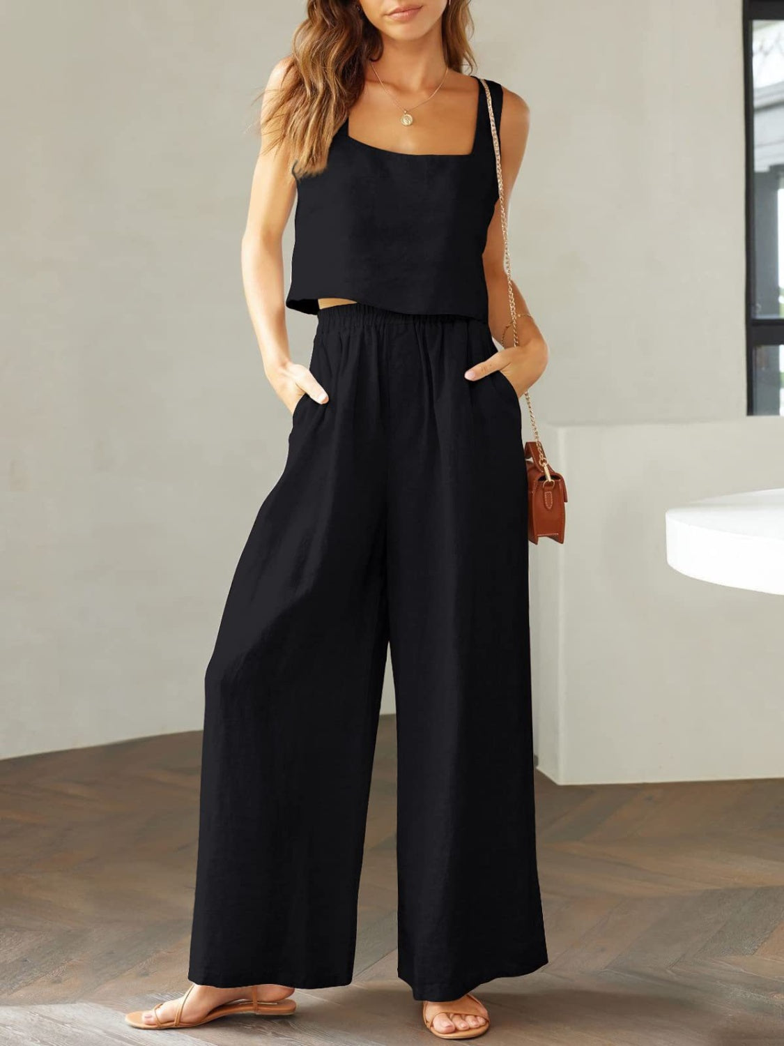 Women's square neck top and wide leg pants set