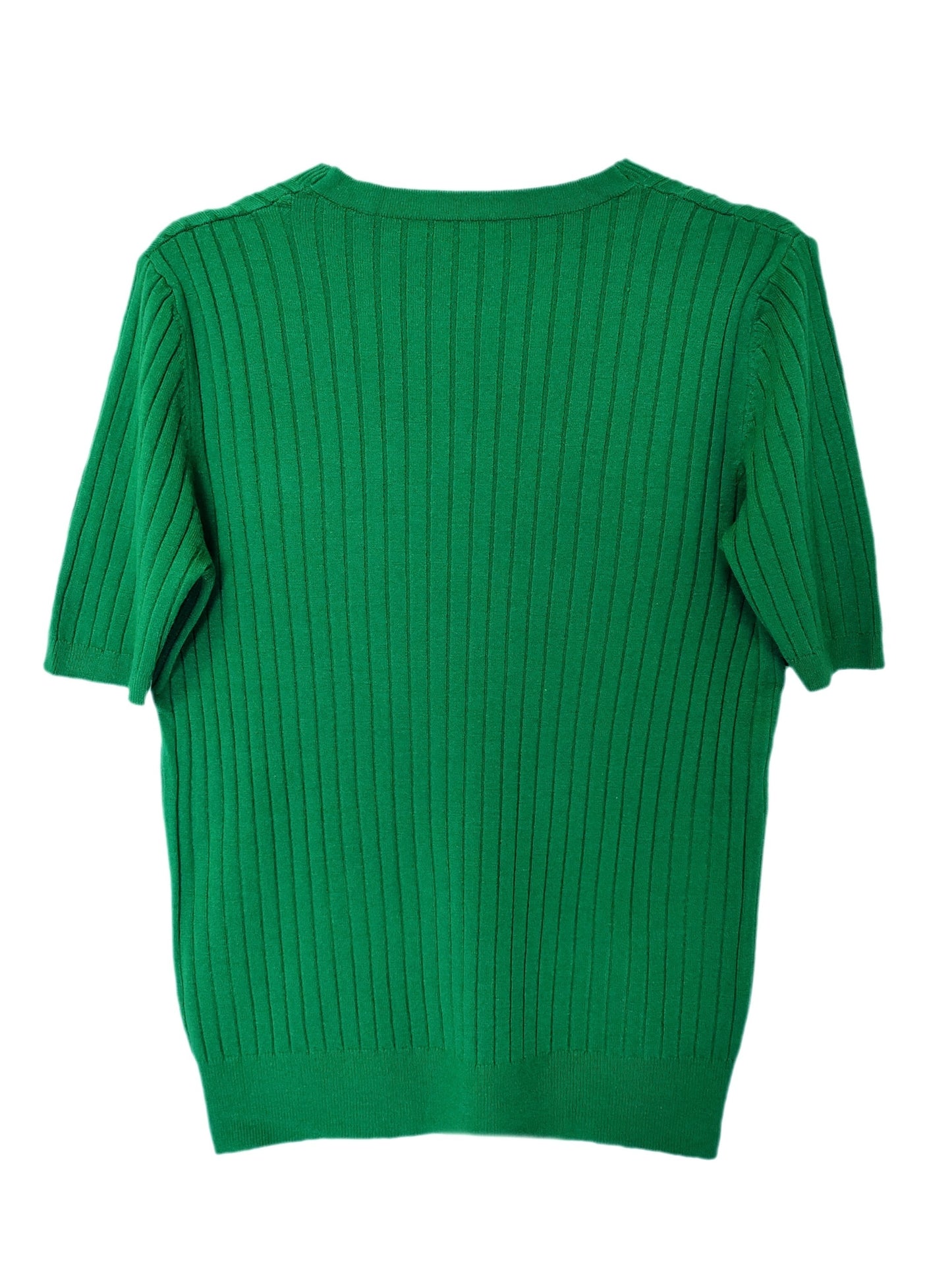 Stylish ribbed knit v-neck top with short sleeves and flattering fit for women