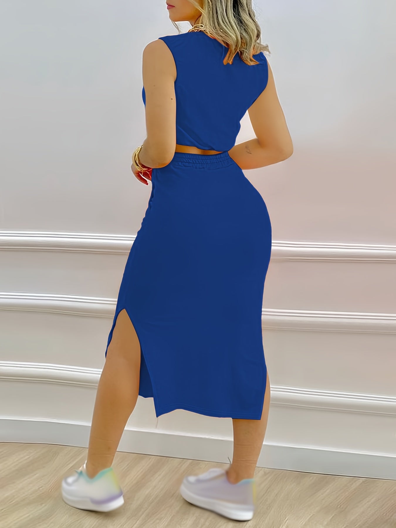 Two-piece sleeveless crop top and drawstring midi skirt set for women