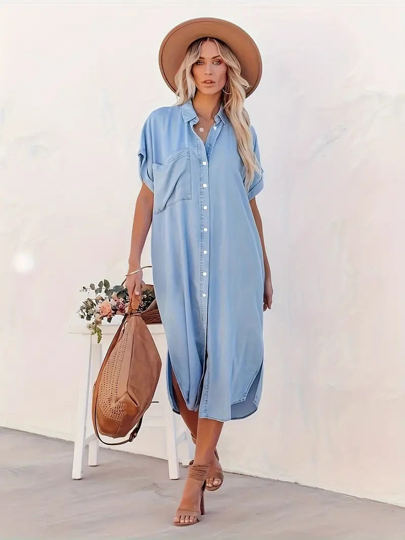 Relaxed Fit Button-Up Midi Shirt Dress