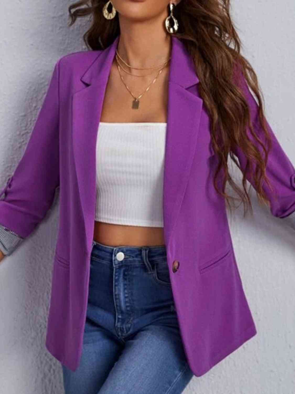 Women's Tailored Blazer - Notched Lapel - Three-Quarter Roll-Tab Sleeves - Open Front