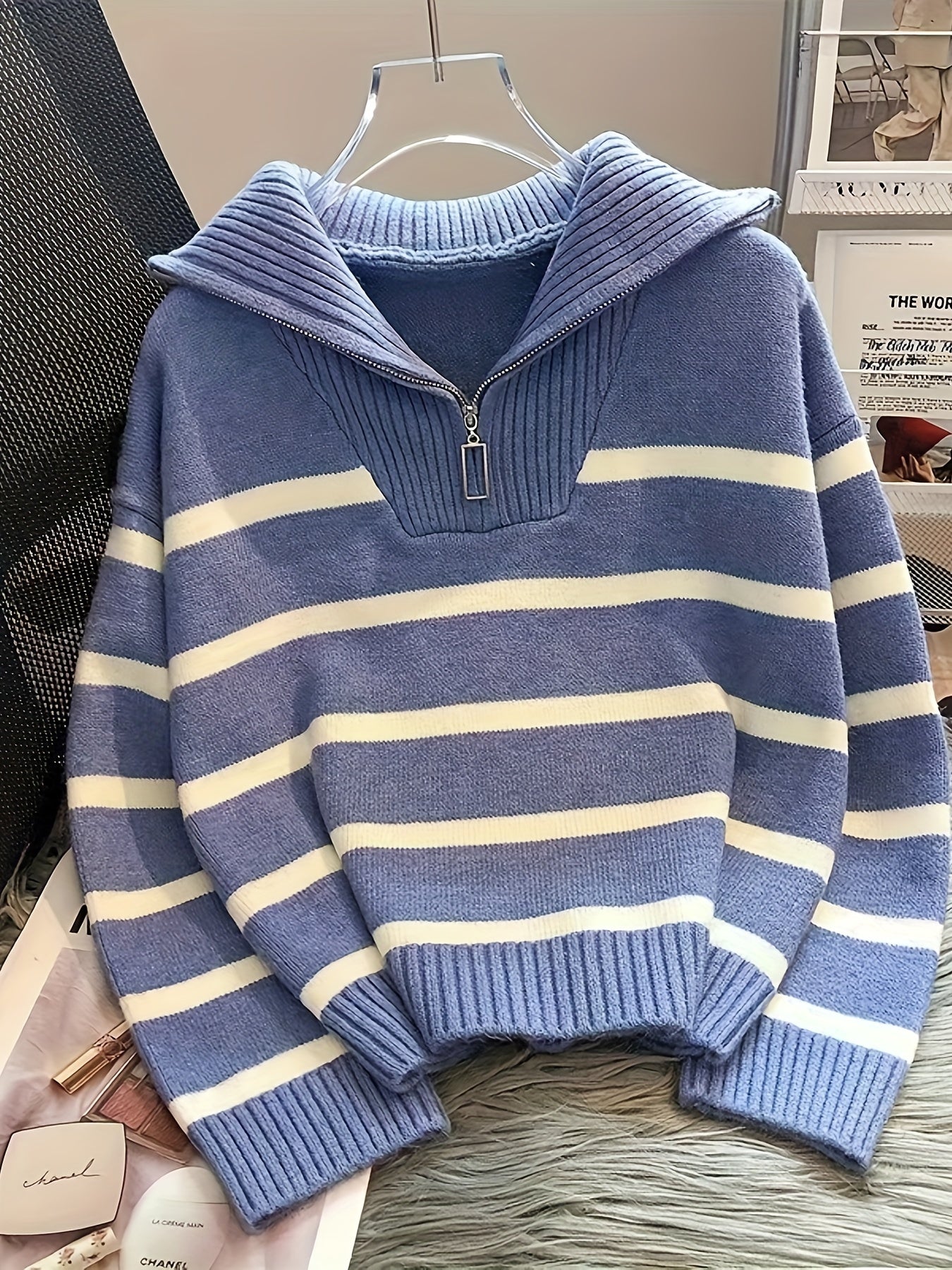 Striped Ribbed Collar Quarter-Zip Pullover Sweater