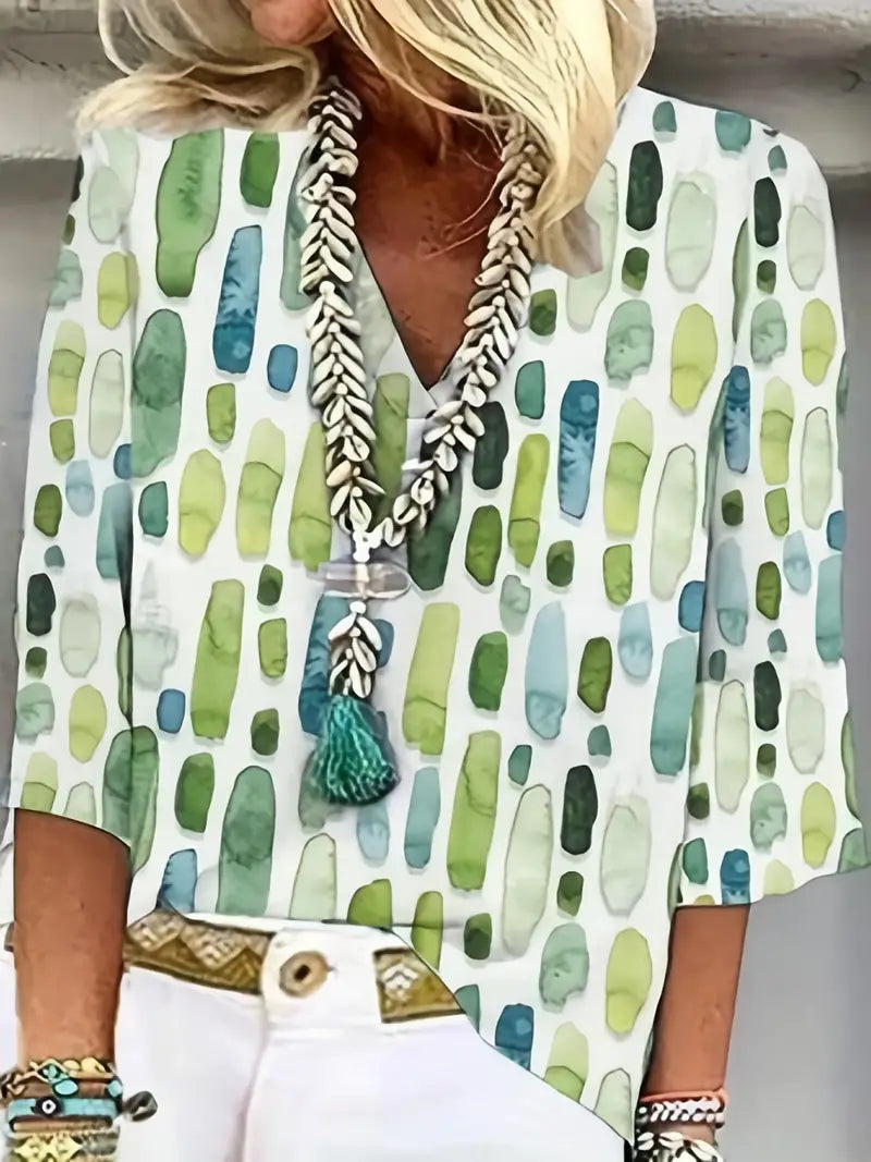 Women's Blouse - Abstract Pattern - V-Neck - Three-Quarter Sleeve - Relaxed Fit