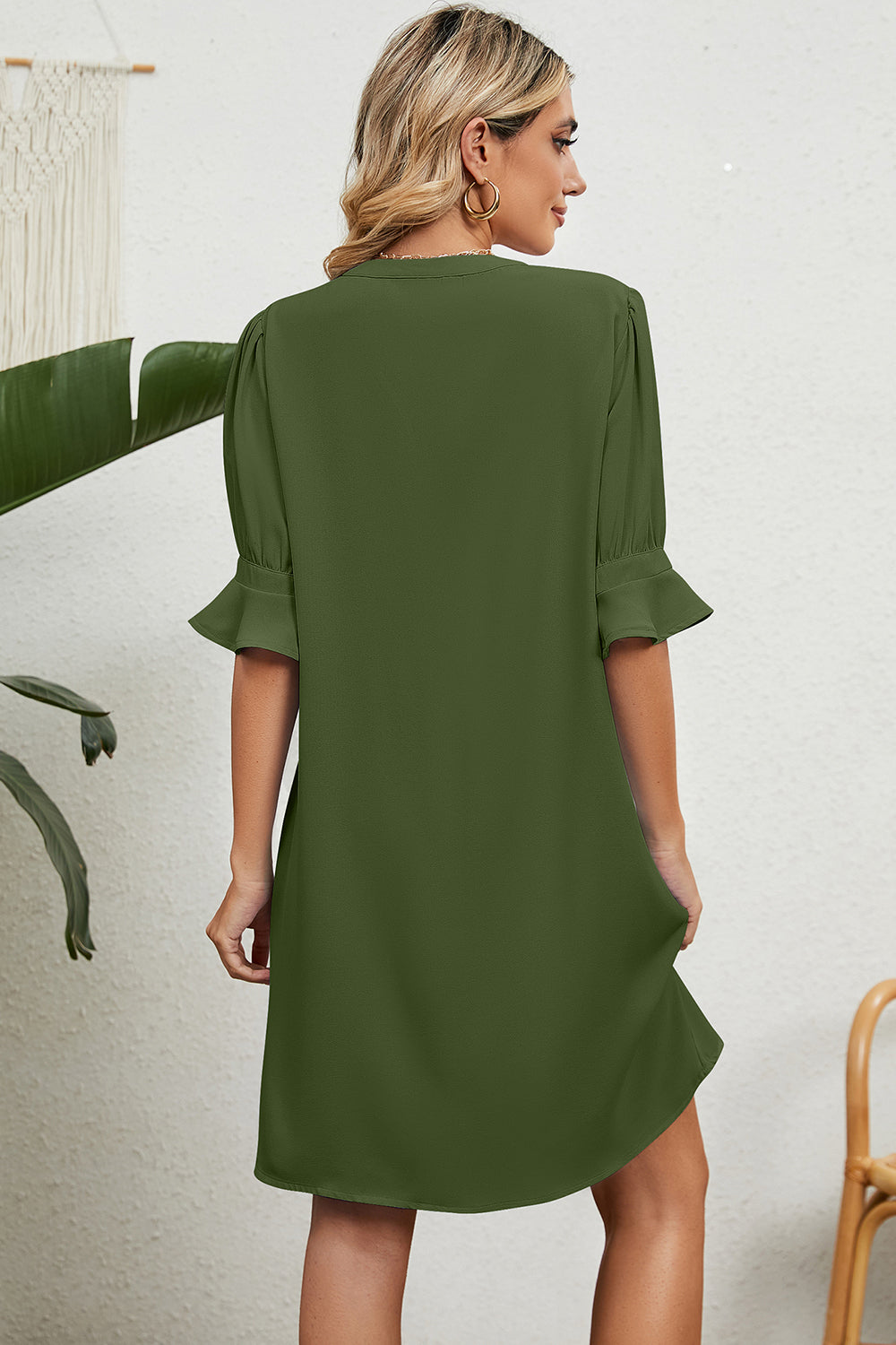 Women's Shift Dress - V-Neck - Elbow Sleeve with Ruffle Hem - Casual Loose Fit