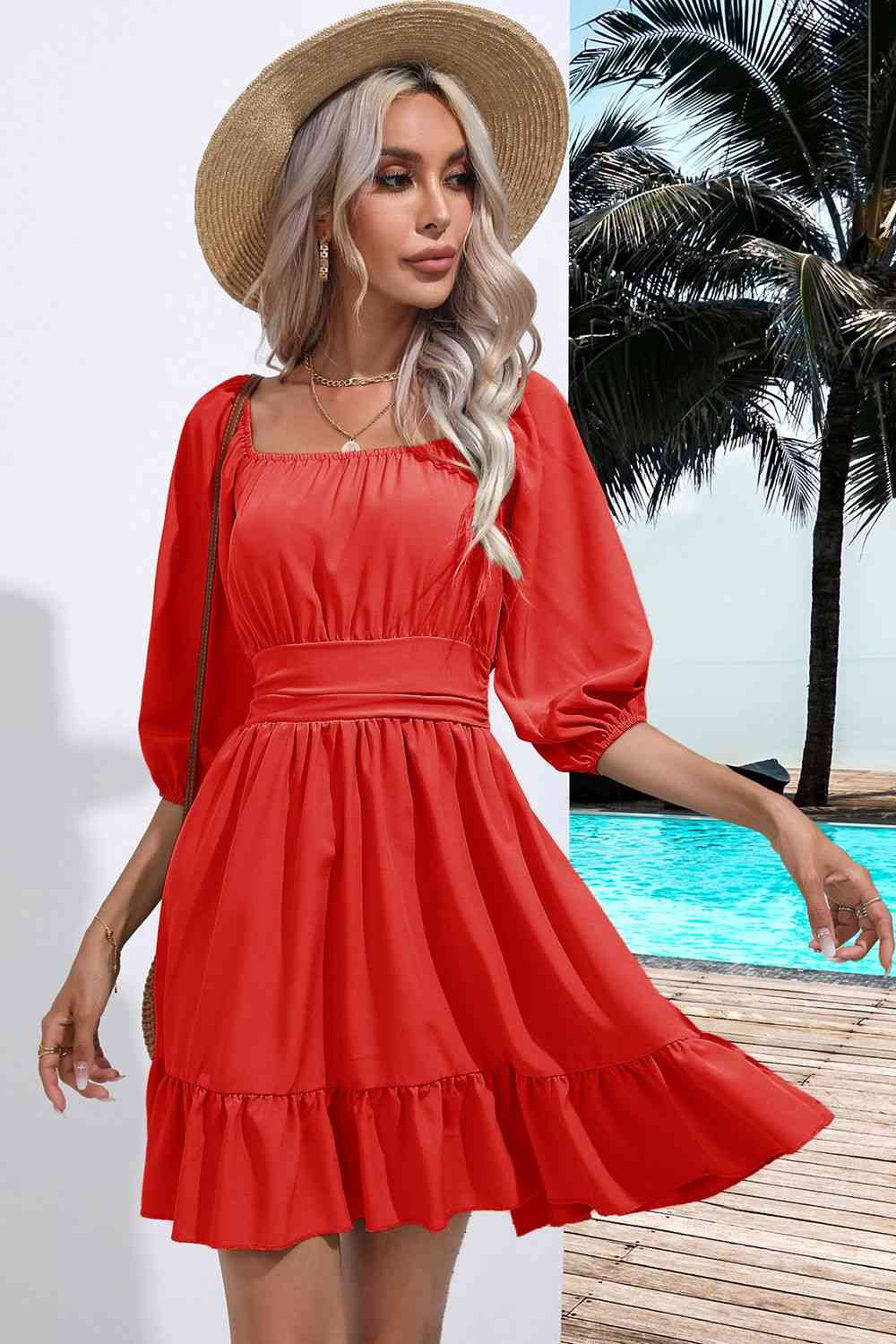 Women's A-Line Dress - Square Neck - 3/4 Sleeve - Ruched Bodice - Tiered Hem
