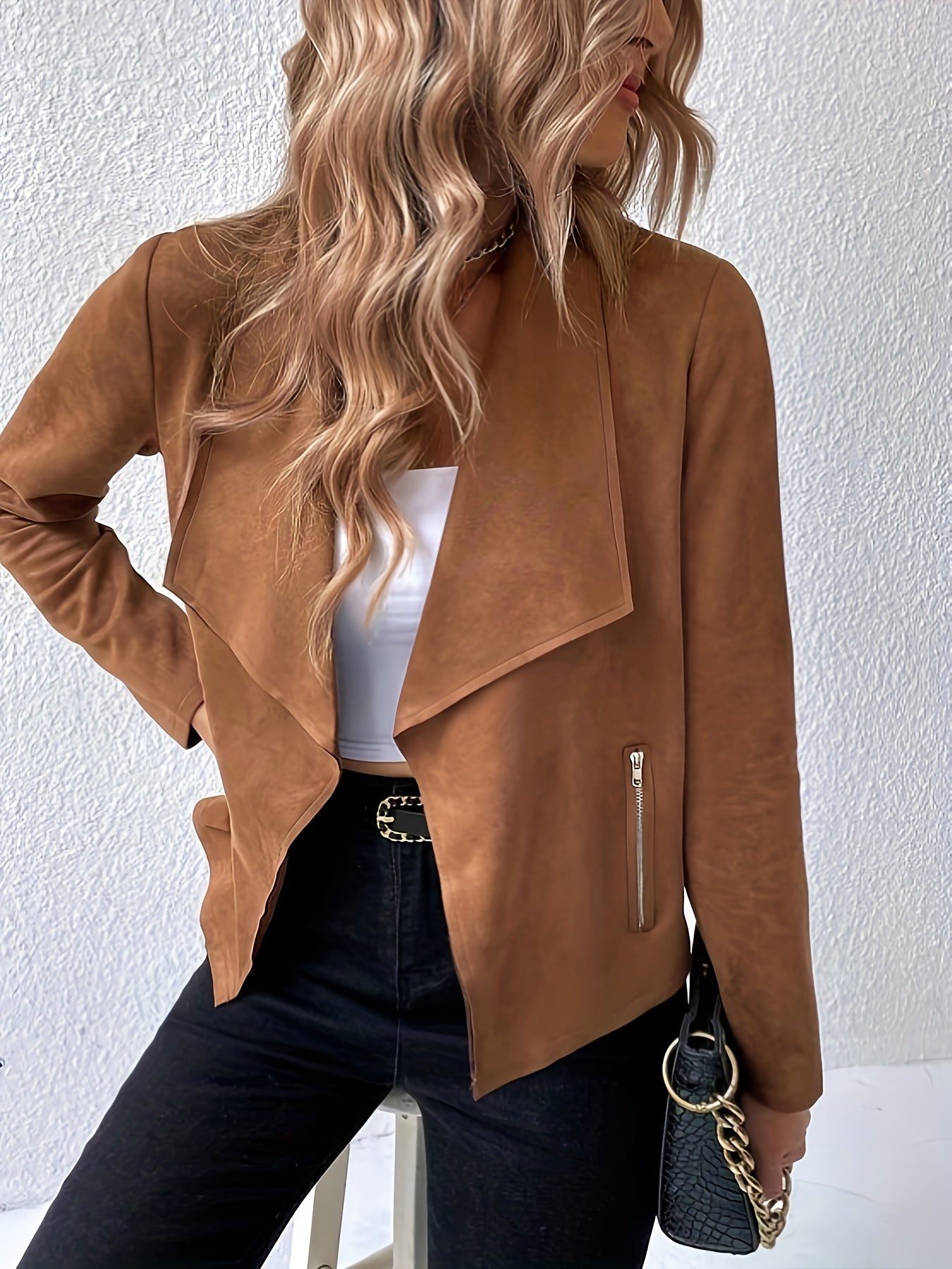 Women's jacket with waterfall collar and zip front pocket