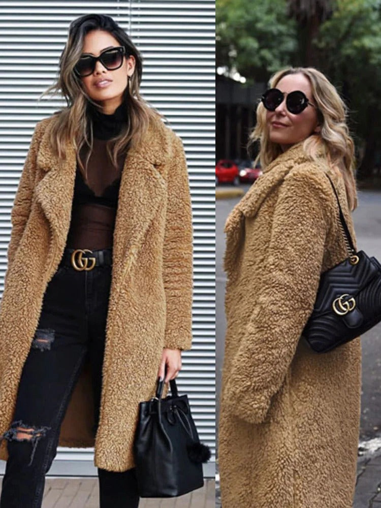 Women's lapel plush open front coat