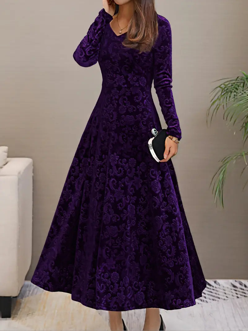 Women's Evening Dress - Velvet A-Line - V-Neck - Three-Quarter Sleeve - Maxi Length