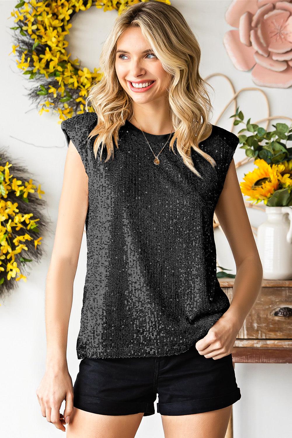 Women's sequin capped sleeve tank top