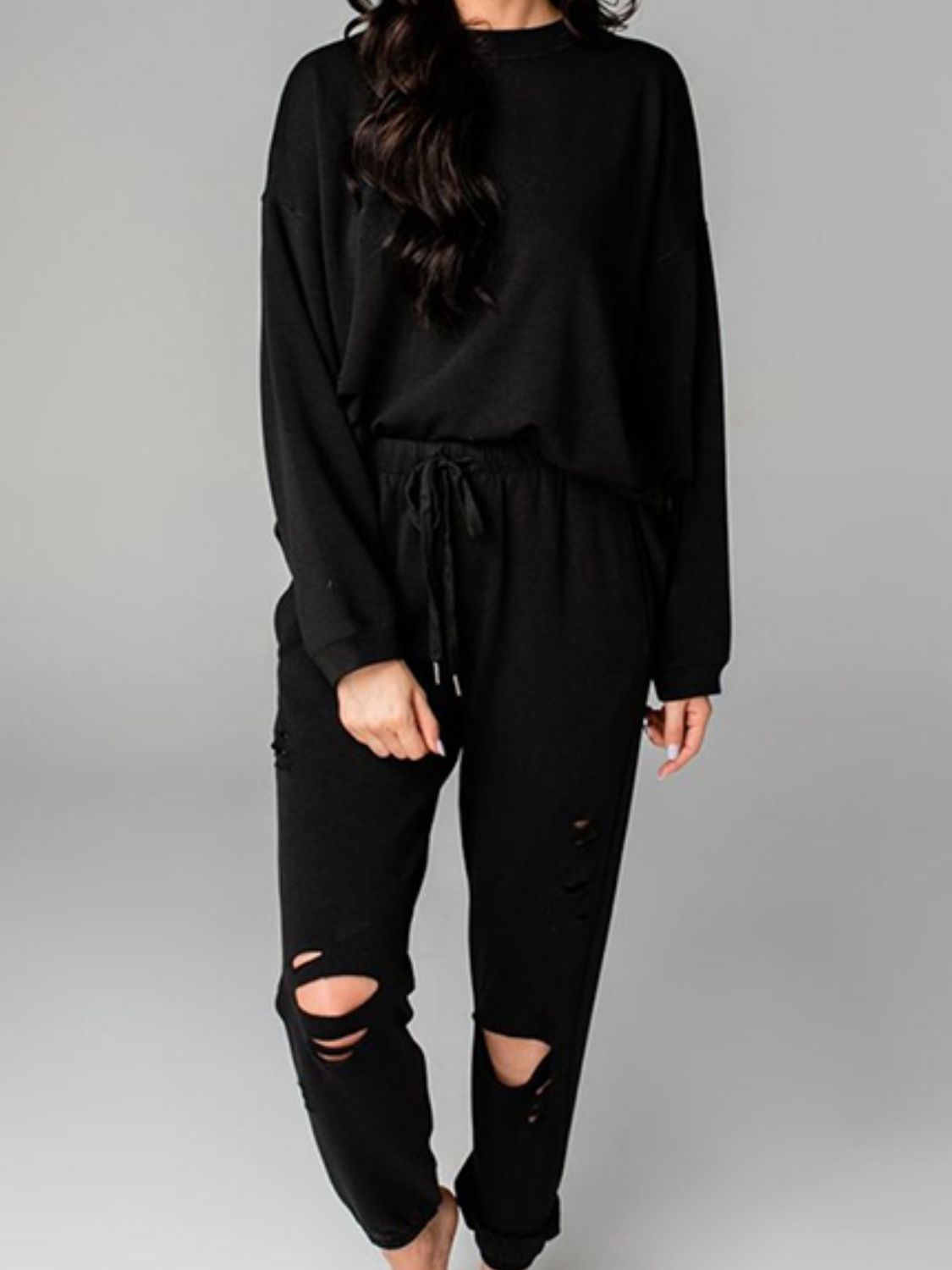 Women’s Loungewear Set - Relaxed Fit Sweatshirt & Distressed Jogger Pants - Casual Comfort
