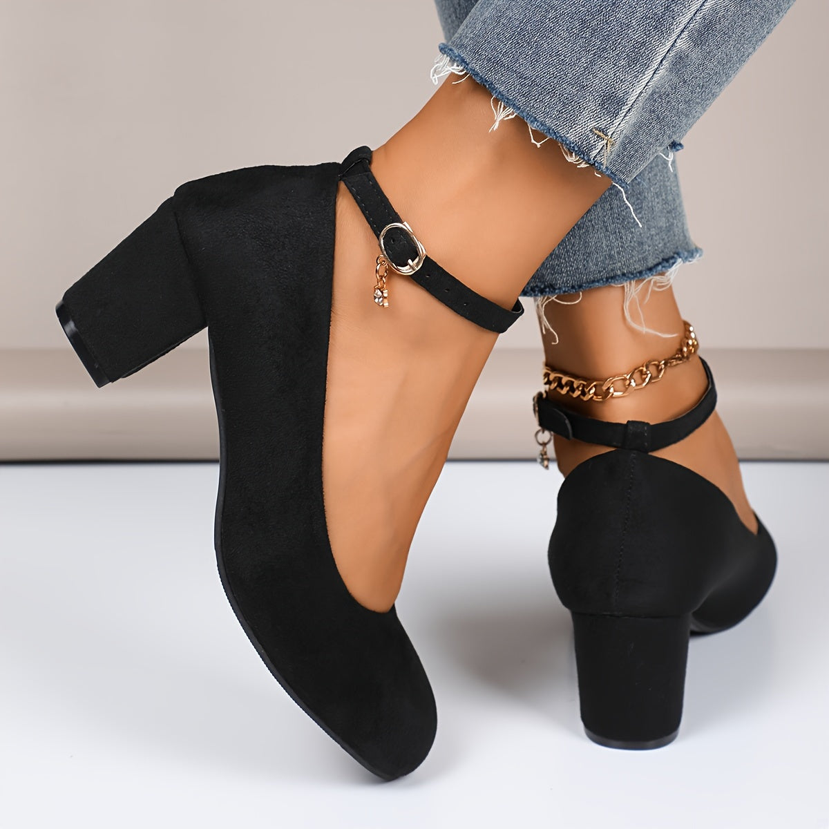 Women's Block Heel Pumps - Closed Toe - Soft-Brushed Look - Ankle Strap Buckle Closure