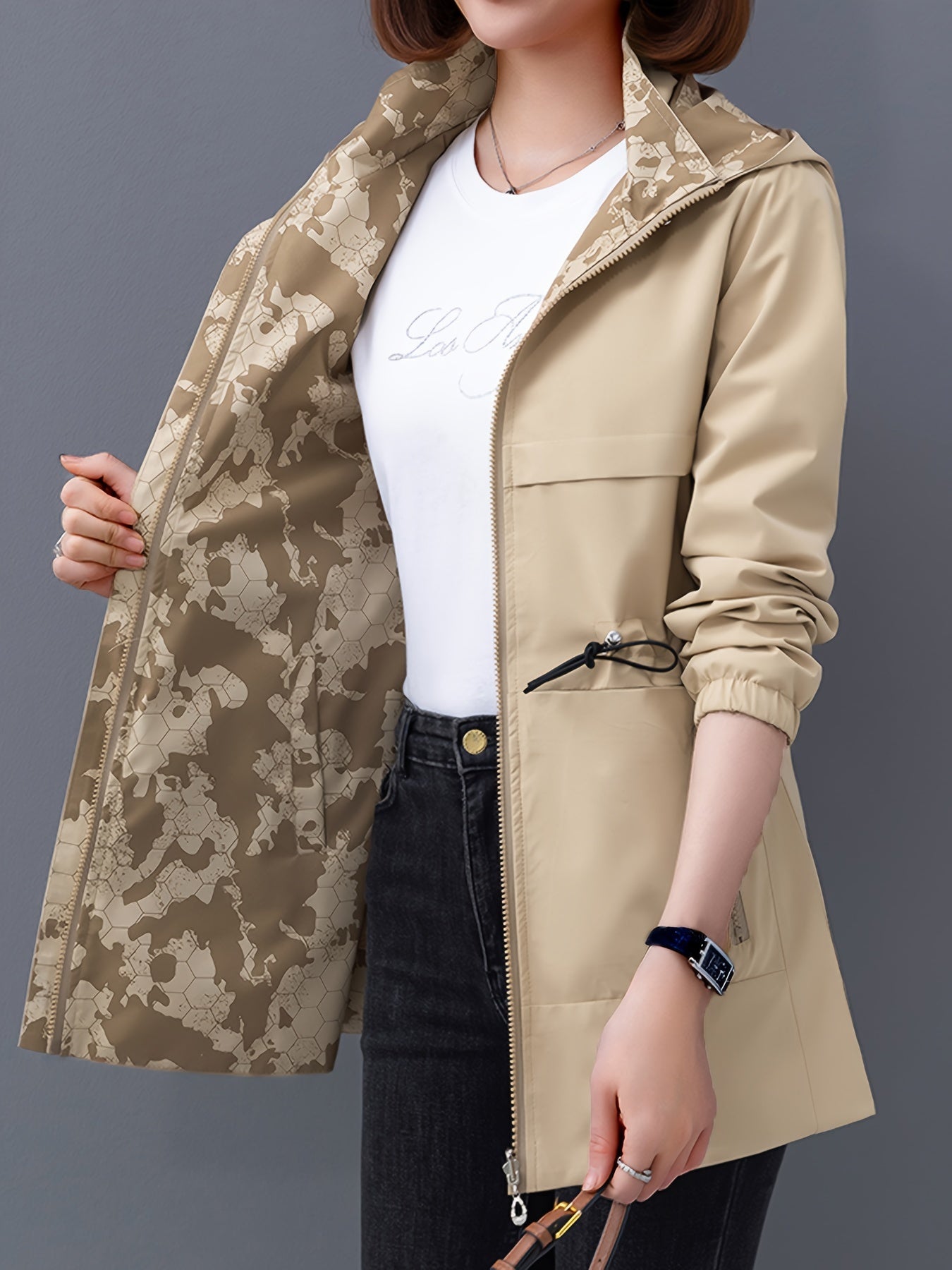 Women's stylish double-sided hooded coat with pockets