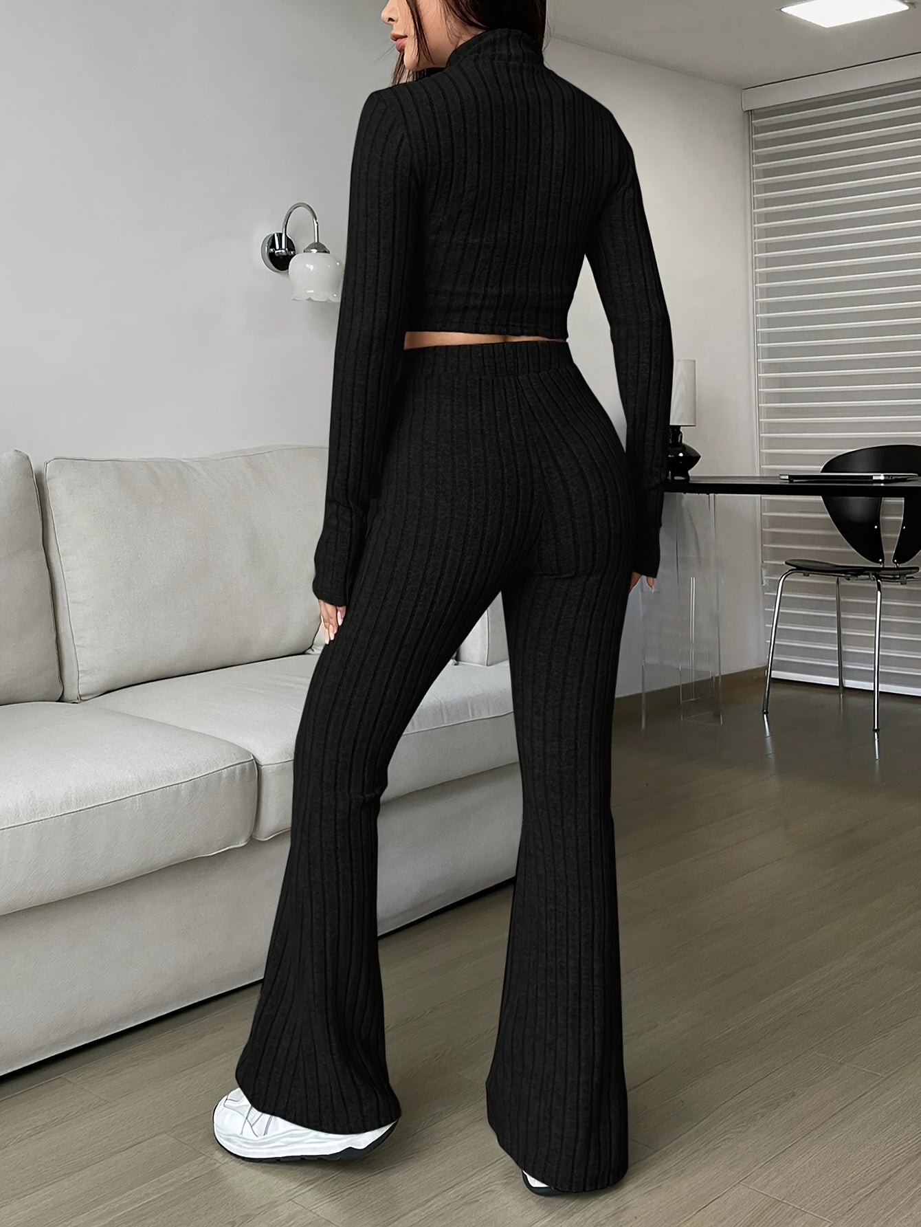 Two-piece ribbed zip-up cropped jacket and flared pants lounge set for women