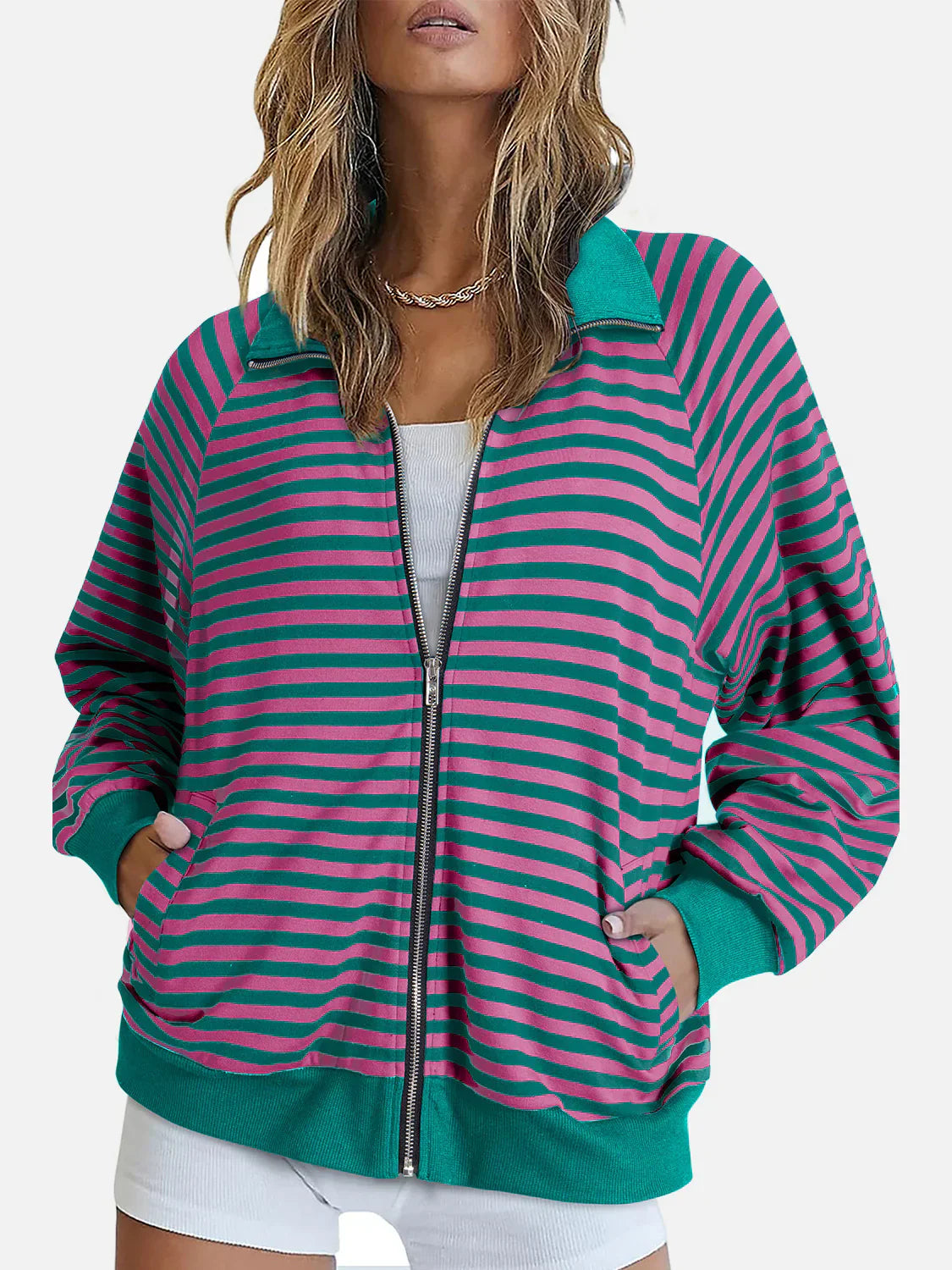 Women’s Zip-Up Jacket – Striped – Relaxed Fit – Collared – Ribbed Cuffs – Front Pockets