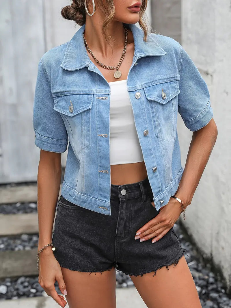 Women’s Denim Jacket - Cropped Fit - Short Sleeve - Button Front - Chest Flap Pockets