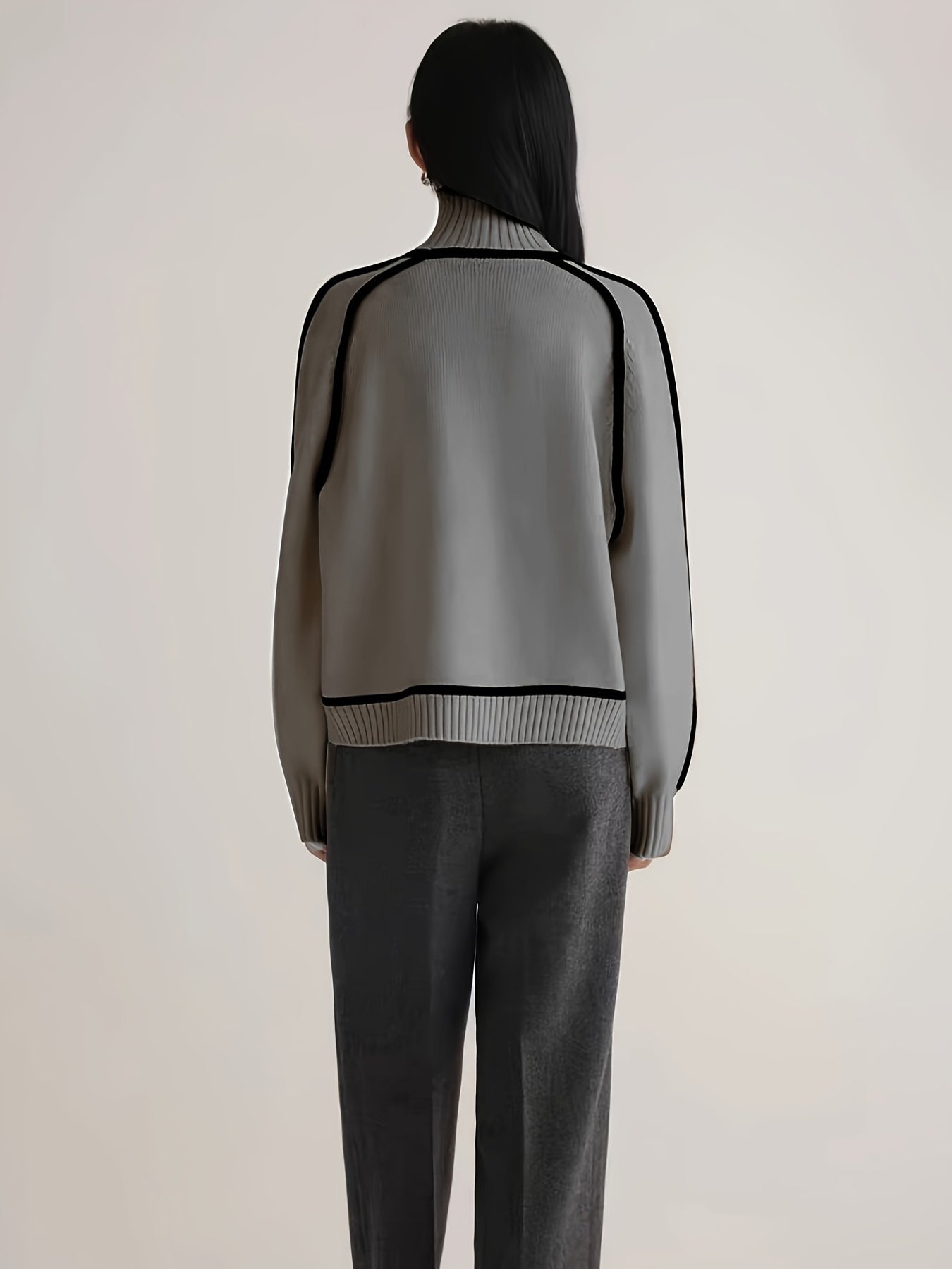 High-neck knit sweater with outlined design and long sleeves for women