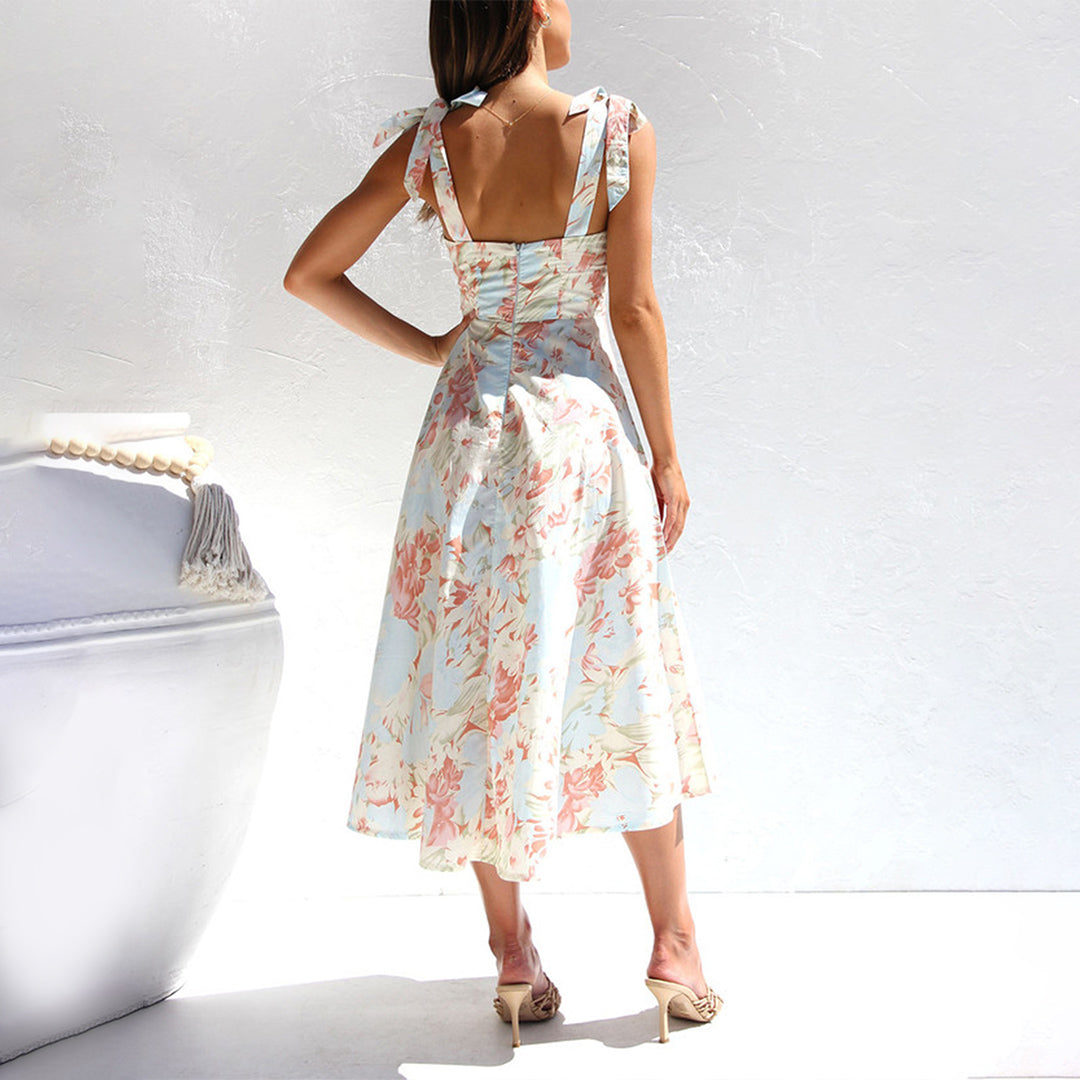 Floral Print Flowy Tie-Up Midi Dress