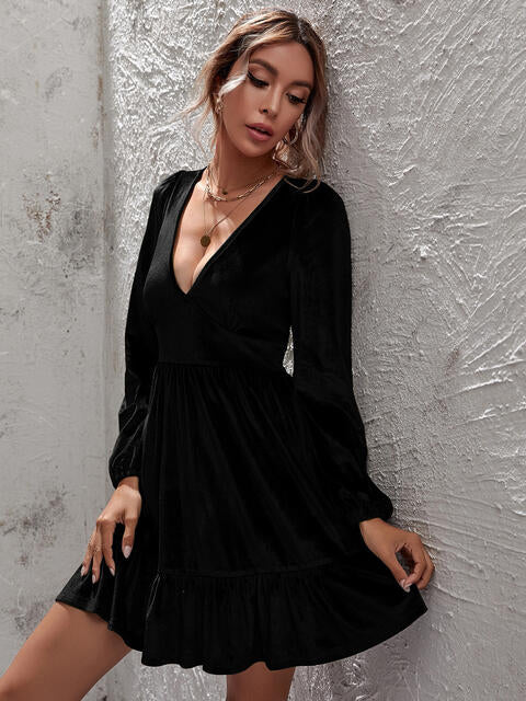 Women's Dress - Soft Luxe Fabric - Deep V-Neck - Long Balloon Sleeves - Ruffled Hem